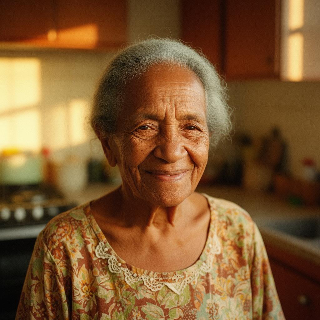 Retrato de Dona Mercedes na cozinha